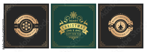 Christmas square banners vintage typographic design, ornate decorations symbols vector illustration