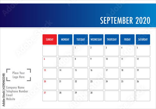 September 2020 desk calendar vector illustration