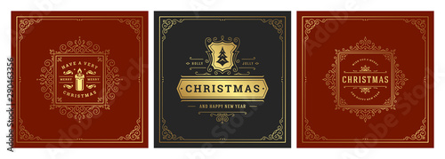 Christmas square banners vintage typographic design, ornate decorations symbols vector illustration