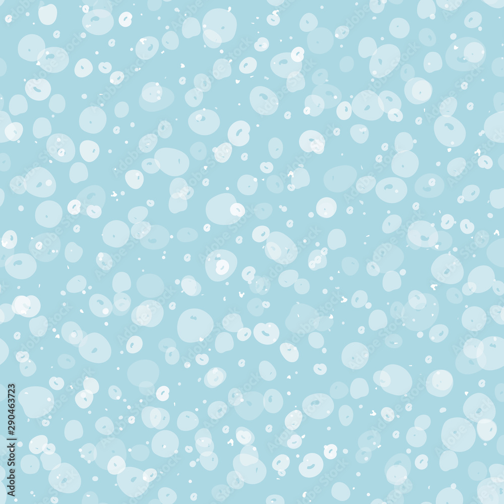 Cozy festive falling snow seamless vector pattern. Scattered transparent dots and spots on pastel blue background. Perfect for packaging, Christmas and New Years projects, cards, greetings and