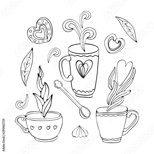 Vector collection of Doodle tea and coffee hand drawn in outline. Tea time elements collection. Set of tea and coffee icons. Cup  mug  spoon  dessert  cookies  souffle  sweets  heart. Vintage style.