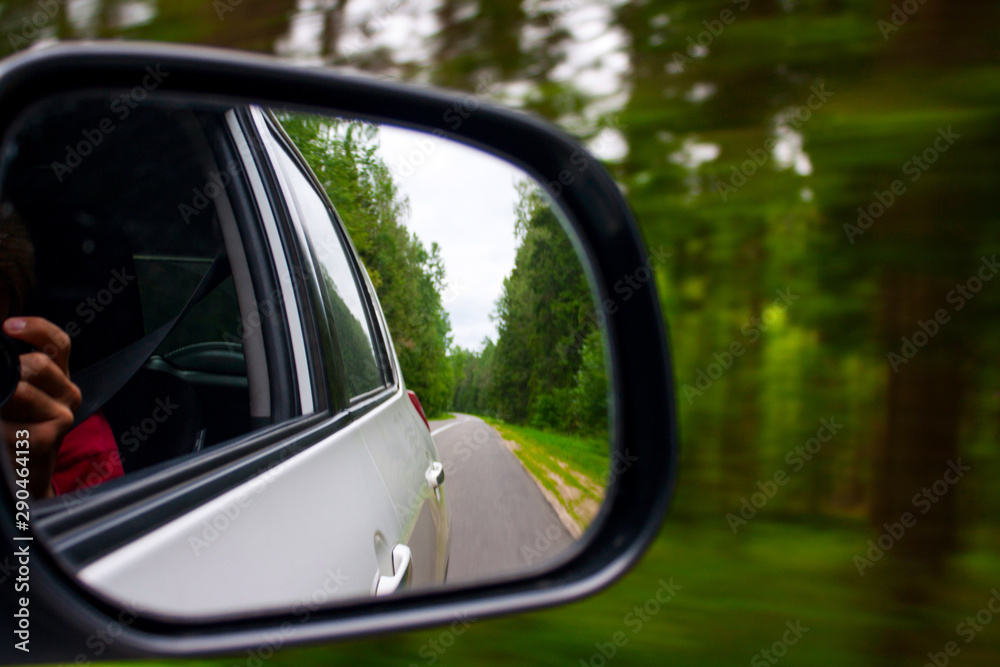 Forest highway in the side mirror green auto road