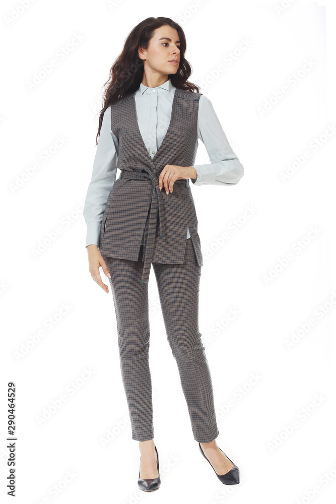 indian business woman in woolen official vest with belt trousers high heels shoes full body photo indian business woman in woolen official vest with belt trousers high heels shoes full body photo