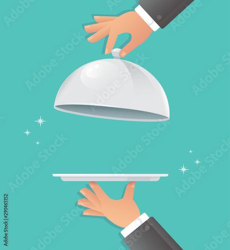 Waiter hands with silver cloche. Food serving vector illustration EPS10 photo