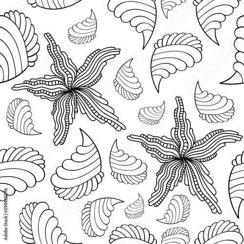 Linear contour drawing for coloring. isolate. Seamless pattern of the elements of the marine theme - shells, starfish. Seamless background with starfish and seashells. Pattern can be used for wallpape