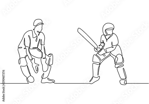 Continuous line drawing sport theme, Two person playing cricket game during the match competition vector illustration. Minimalism style of lineart hand drawn. photo