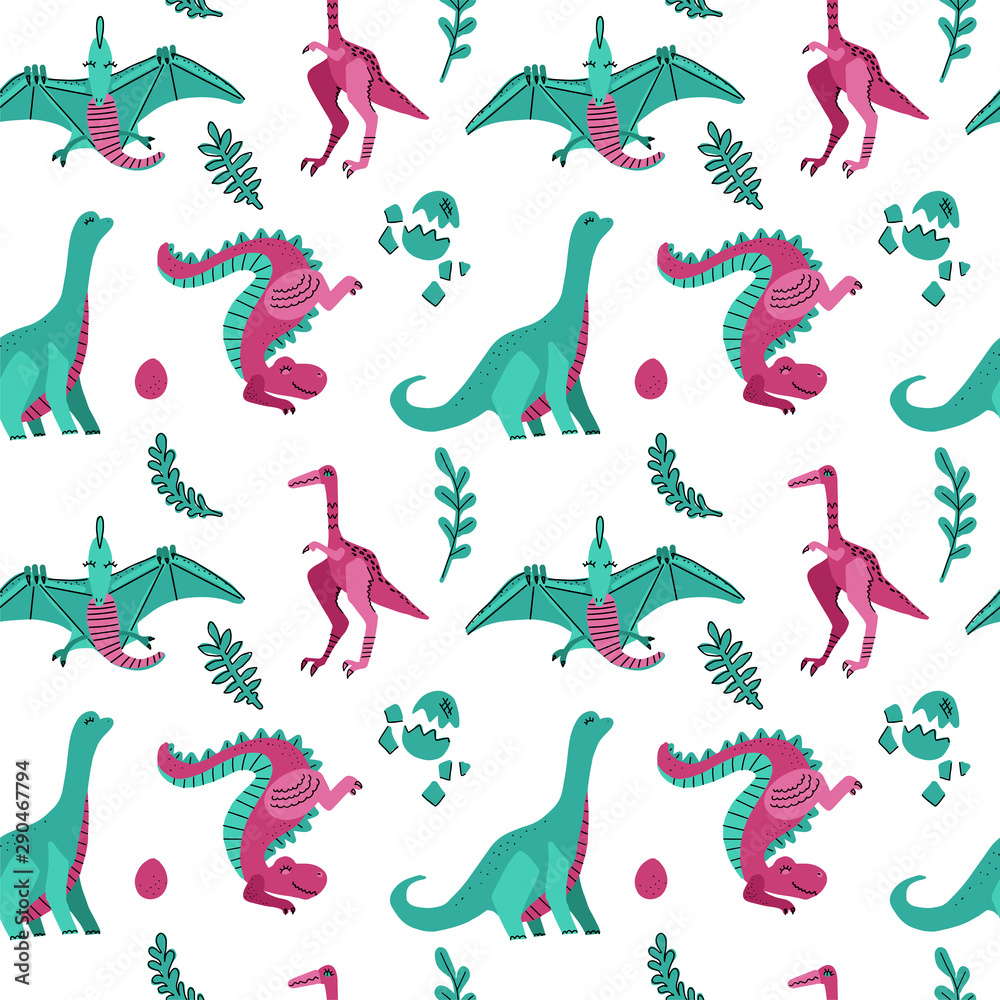 Plakat Cute childish seamless pattern with dinosaurs with eggs, plants. Funny cartoon dinos on white background. Hand drawn doodle design for girls, children illustration for fashion clothes, fabric