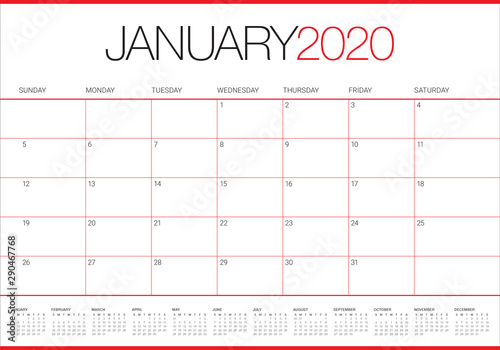 January 2020 desk calendar vector illustration