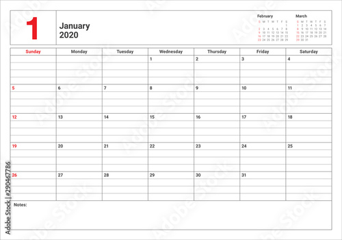 January 2020 desk calendar vector illustration