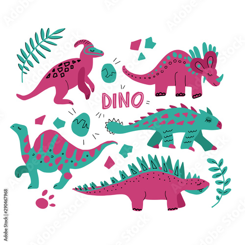 Hand drawn dinosaurs set and tropical leaves. Cute funny cartoon dino collection. Hand drawn set for kids design. illustration. Triceratops  Ankylosaurus  Stegosaurus  Parasaurolopus