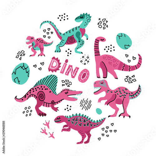 Cute dinosaurs hand drawn color illustration in round shape. Dino characters cartoon circle texture. Prehistoric scandinavian illustration. Sketch Jurassic reptiles.