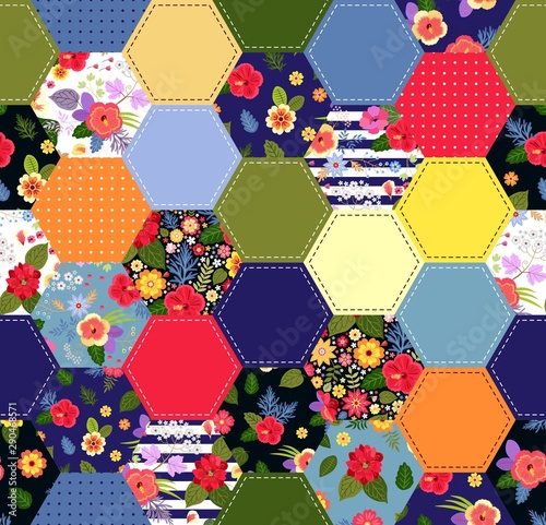 Colorful seamless patchwork pattern with bright flowers. Trendy quilting design. Print for fabric and textile.