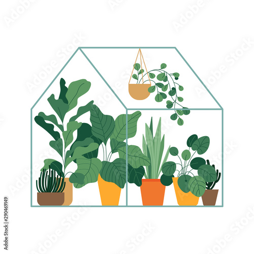 Vector illustration in flat simple style - greenhouse with plants
