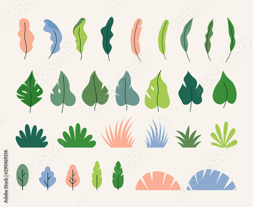 Vector collection of simple flat green leaves, plants and trees