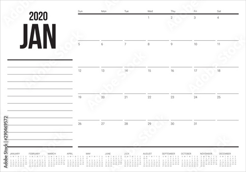 January 2020 desk calendar vector illustration