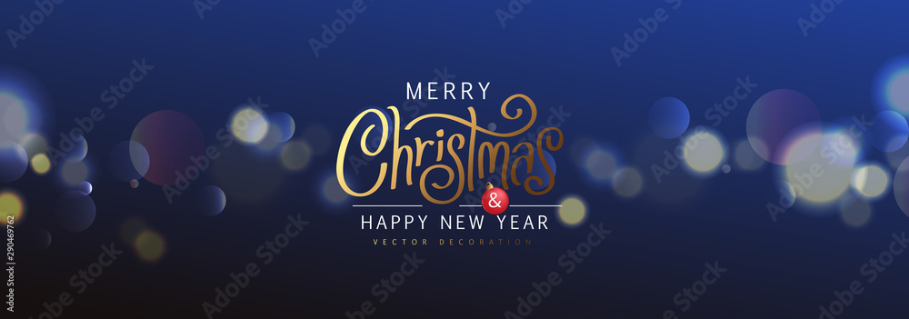 Fototapeta Merry Christmas and Happy New Year Background sparkle blur bokeh effect. banner.Merry Christmas vector text Calligraphic Lettering Vector illustration.
