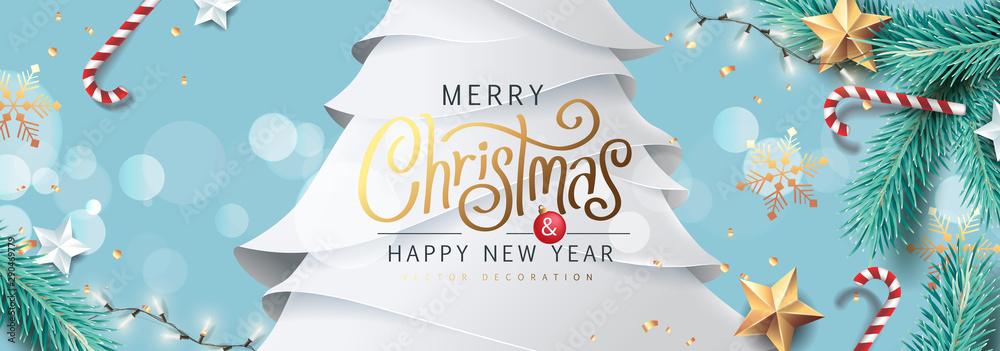 Merry Christmas and Happy New Year background for Greeting cards with tree Branches christmas tree gold paper and gold stars.Merry Christmas vector text Calligraphic Lettering Vector illustration. - obrazy, fototapety, plakaty 