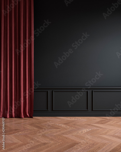 Black classic interior with red curtain, moldings and wooden chevron floor. 3d render illustration mockup.