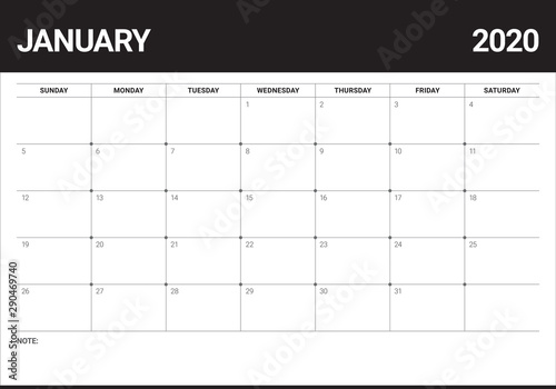 January 2020 desk calendar vector illustration