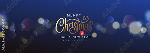 Merry Christmas and Happy New Year Background sparkle blur bokeh effect. banner.Merry Christmas vector text Calligraphic Lettering Vector illustration. 