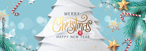 Merry Christmas and Happy New Year background for Greeting cards with tree Branches christmas tree gold paper and gold stars.Merry Christmas vector text Calligraphic Lettering Vector illustration.
