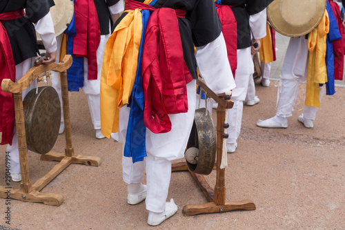 Korean traditional musical instruments Jing. A group of musicians Samul nori on the festival photo