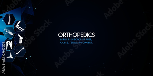 Medical infographic orthopedic anatomy. Abstract background with spine, pelvis, knee, foot, shoulder, elbow, hand, humerus bones and joints. Orthopedics medical.Blue and white. Vector illustration photo