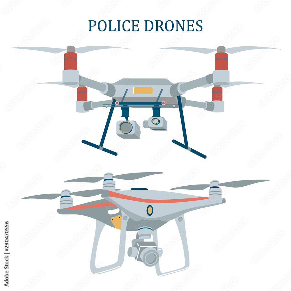 Two different police drones, unmanned aerial vehicles, flat style vector illustration isolated on white background. Two types of drones used by police, law enforcement agencies for public safety Two different police drones, unmanned aerial vehicles, flat style vector illustration isolated on white background. Two types of drones used by police, law enforcement agencies for public safety