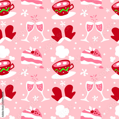 Seamless vector pattern. New Year's and Christmas. Flat design, delicious sweets. Background for gift paper, wrapping, postcard, package, clothes. Good holiday mood