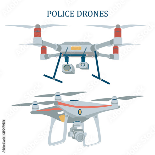 Two different police drones, unmanned aerial vehicles, flat style vector illustration isolated on white background. Two types of drones used by police, law enforcement agencies for public safety
