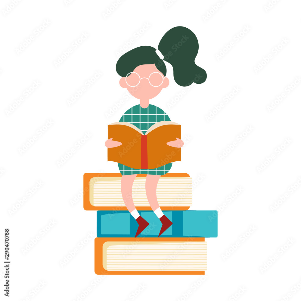 Character girl sitting on big books.
