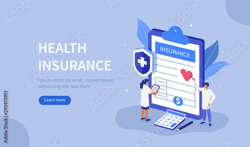 Doctors Characters stand near Health Insurance Contract. Staff in Hospital Office filling Medical Document Form. Health care Concept. Flat Isometric Vector Illustration.