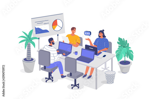 People Characters Group on Business meeting. Office Workers Sitting and Talking with Colleagues. Woman and Man Communicating at Workplace. Team Working Together. Flat Cartoon Vector Illustration.
