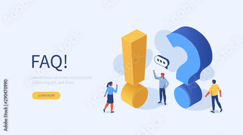 People Characters Standing near Exclamations and Question Marks. Woman and Man Ask Questions and receive Answers. Online Support center. Frequently Asked Questions Concept. Flat Vector Illustration. photo