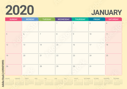 January 2020 desk calendar vector illustration
