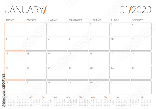 January 2020 desk calendar vector illustration