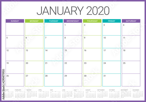 January 2020 desk calendar vector illustration
