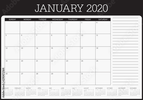 January 2020 desk calendar vector illustration
