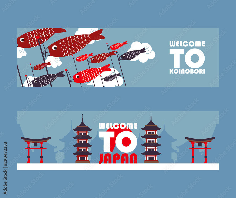 Japan tour banners, vector illustration. Symbols of Asian culture, popular tourist landmarks. Pagoda, torii gate and koinobori windsocks. Travel agency website advertisement concept