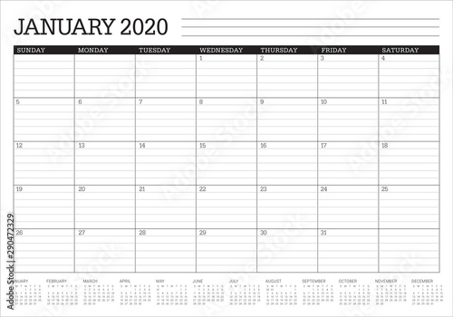 January 2020 desk calendar vector illustration