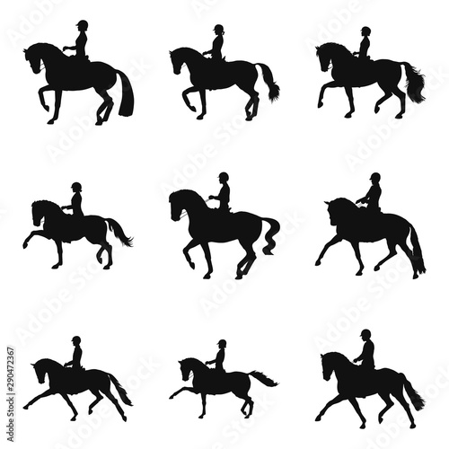 Set of silhouettes of riders riding a trot on a horse