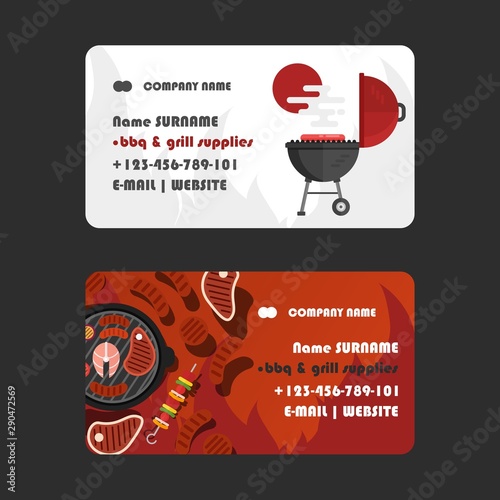 BBQ and grill supplies business card design, vector illustration. Meat restaurant, roasted beef steak, sausages, kebab. Cookout barbecue catering company, professional business partner