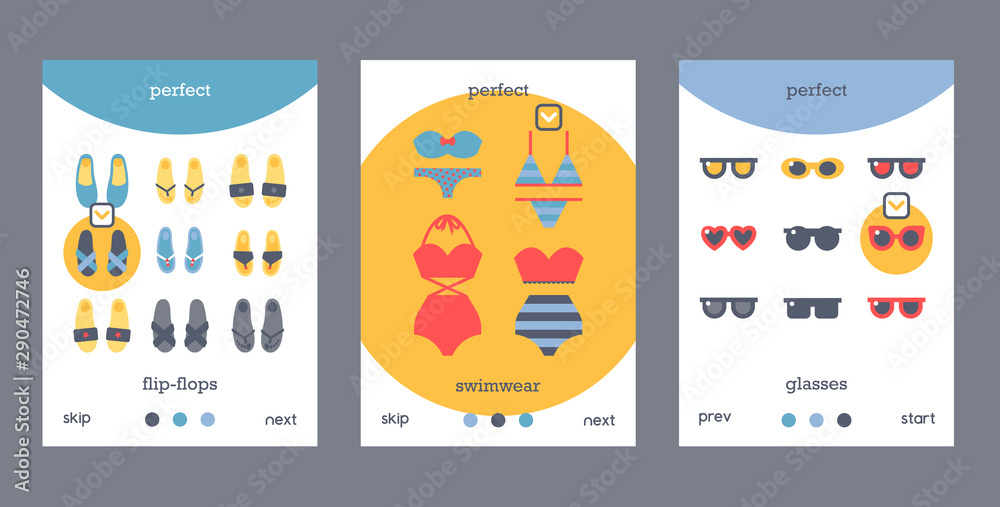 Summer vacation accessories, fashion clothes store mobile application concept, vector illustration. Online shopping for sea and beach summer trip, icons in flat style