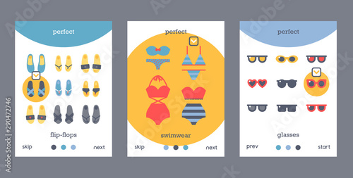 Summer vacation accessories, fashion clothes store mobile application concept, vector illustration. Online shopping for sea and beach summer trip, icons in flat style