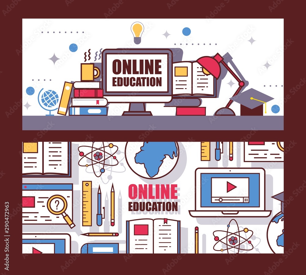 Online education website header, vector illustration. University page banner for distance education, college information brochure Online education website header, vector illustration. University page banner for distance education, college information brochure