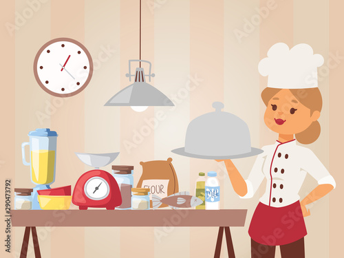 Woman chef teaches cooking class, vector illustration. Girl in cook uniform holding a dish with cooked meal. Kitchen setup for baking, food ingredients on table. Professional chef, cartoon character.