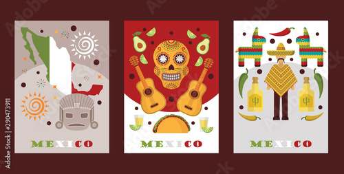 Mexican symbols for souvenir cards, vector illustration. Banners with touristic icons of Mexico, local cuisine and music, traditional clothes poncho and sombrero. Mexican style party invitation.