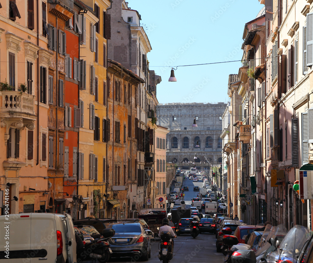 Rome, looking down the Via dei Serpenti towards the Colosseum on a summer's day.