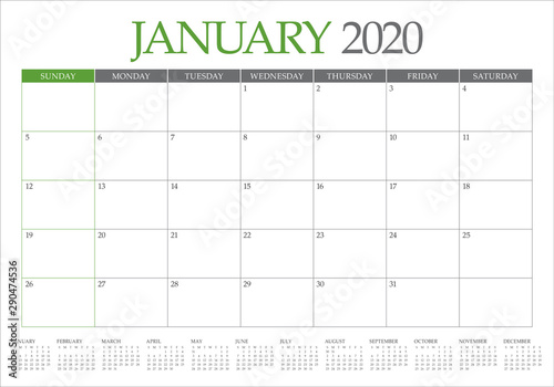 January 2020 desk calendar vector illustration