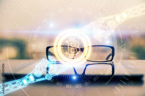 Crypto theme hologram with glasses on the table background. Concept of blockchain. Double exposure.